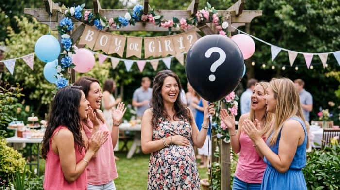 Kislány és kisfiú kérdőjel ballonokkal és barátokkal a kertben.