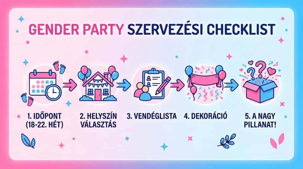 Gender party ötletek: kreatív gender reveal módok a baba nemének felfedéséhez 7 Színes grafikus ábra a nemek közötti buli szervezés lépéseiről.