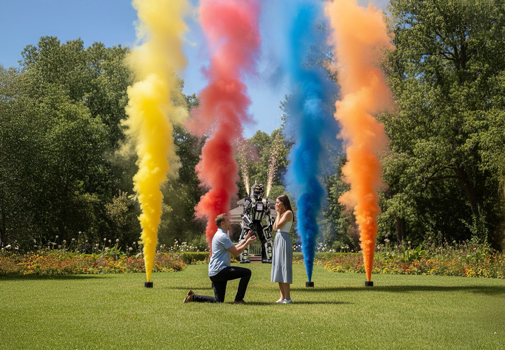Férfi térdel és eljegyzési gyűrűt nyújt nőnek parkban, színes füst és robot mellett.